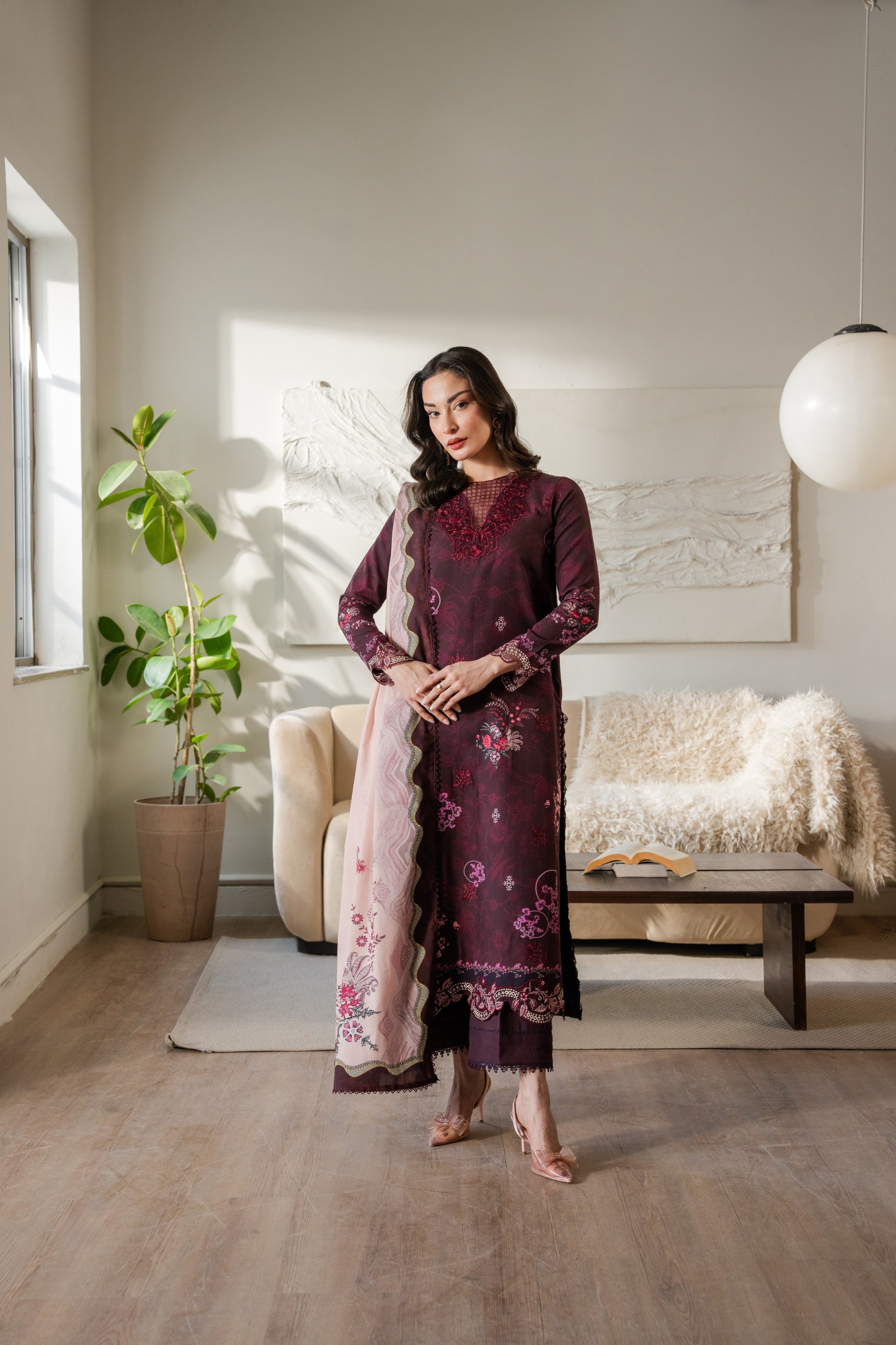 Khaddar dress with refined organza neckline and borders paired with dyed trousers.