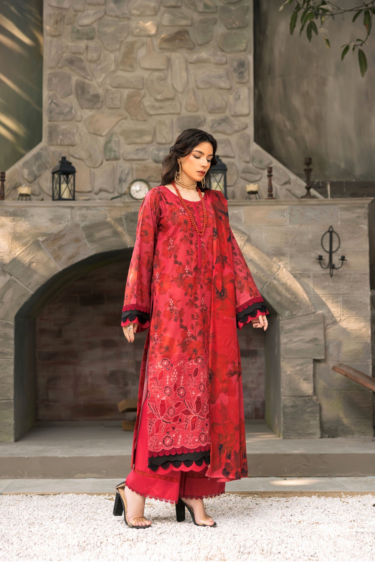 3PC red lawn suit with floral dupatta and plain trouser