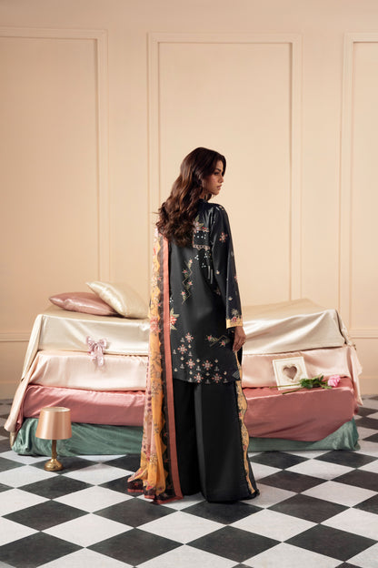 Raw silk festive dress featuring a premium unstitched 3PC shirt and trousers paired with a flowing chiffon dupatta, offering traditional Pakistani styling for Eid, weddings, parties, and festive gatherings