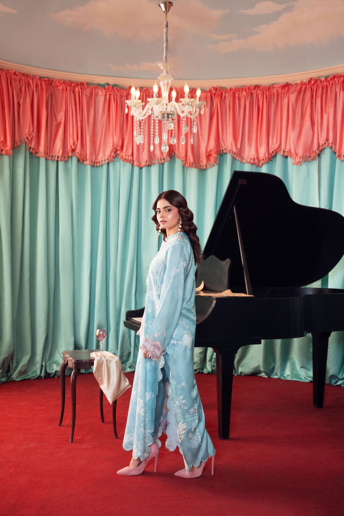 Premium 3PC raw silk suit for women featuring rich silk fabric for the shirt and trousers with a delicate chiffon dupatta, suitable for Pakistani weddings, Eid, parties, and festive events