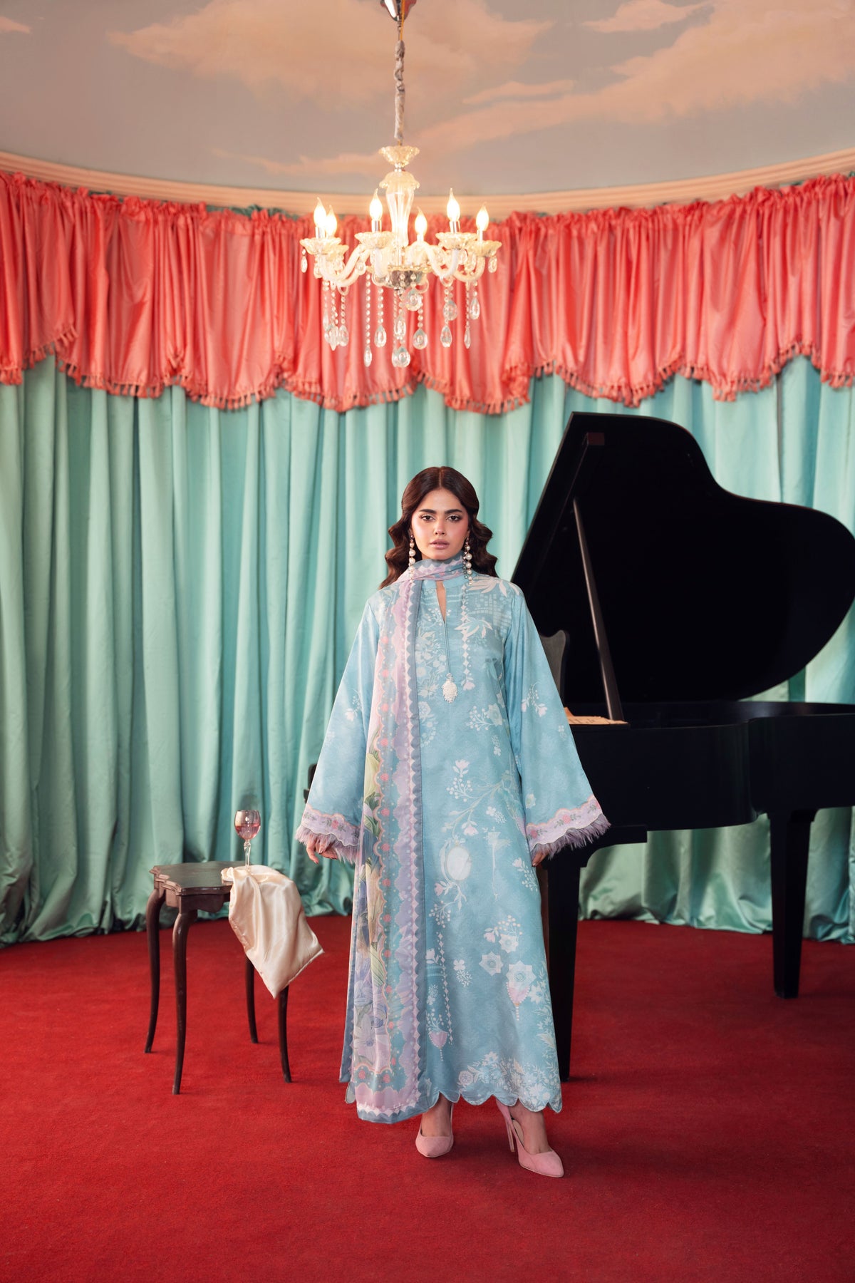 Traditional 3PC unstitched raw silk suit for women with a premium silk shirt and trousers paired with a flowing chiffon dupatta for weddings, Eid, parties, and formal occasions