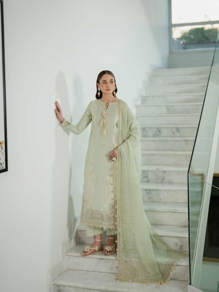 Stitched bridal-style lawn suit with embroidery and cotton dupatta
