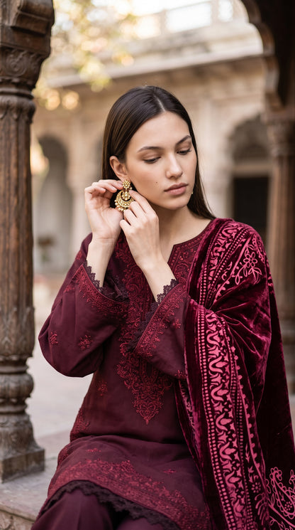 3PC Embroidered Dhanak Suit | DC - 08
