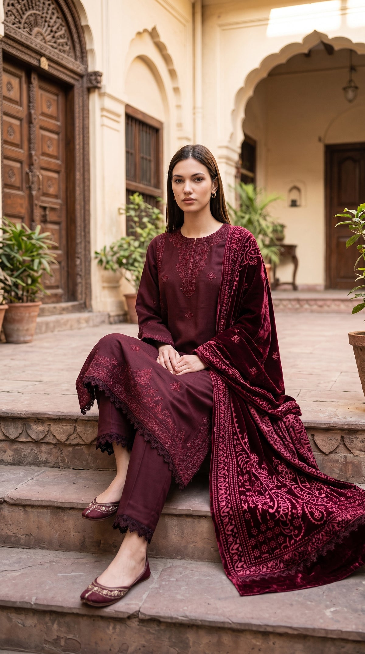 3PC Embroidered Dhanak Suit | DC - 08