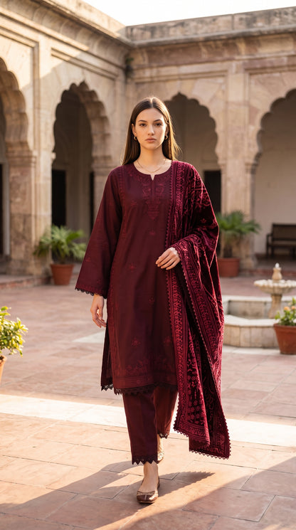 3PC Embroidered Dhanak Suit | DC - 08