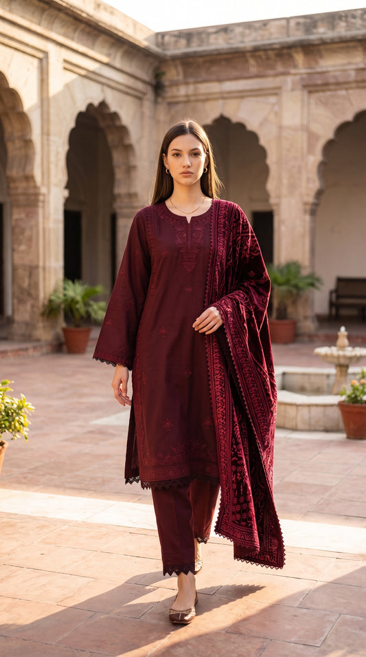 3PC Embroidered Dhanak Suit | DC - 08