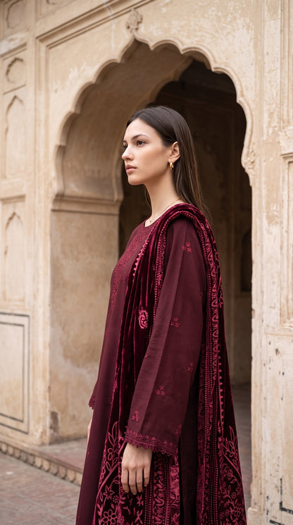 3PC Embroidered Dhanak Suit | DC - 08