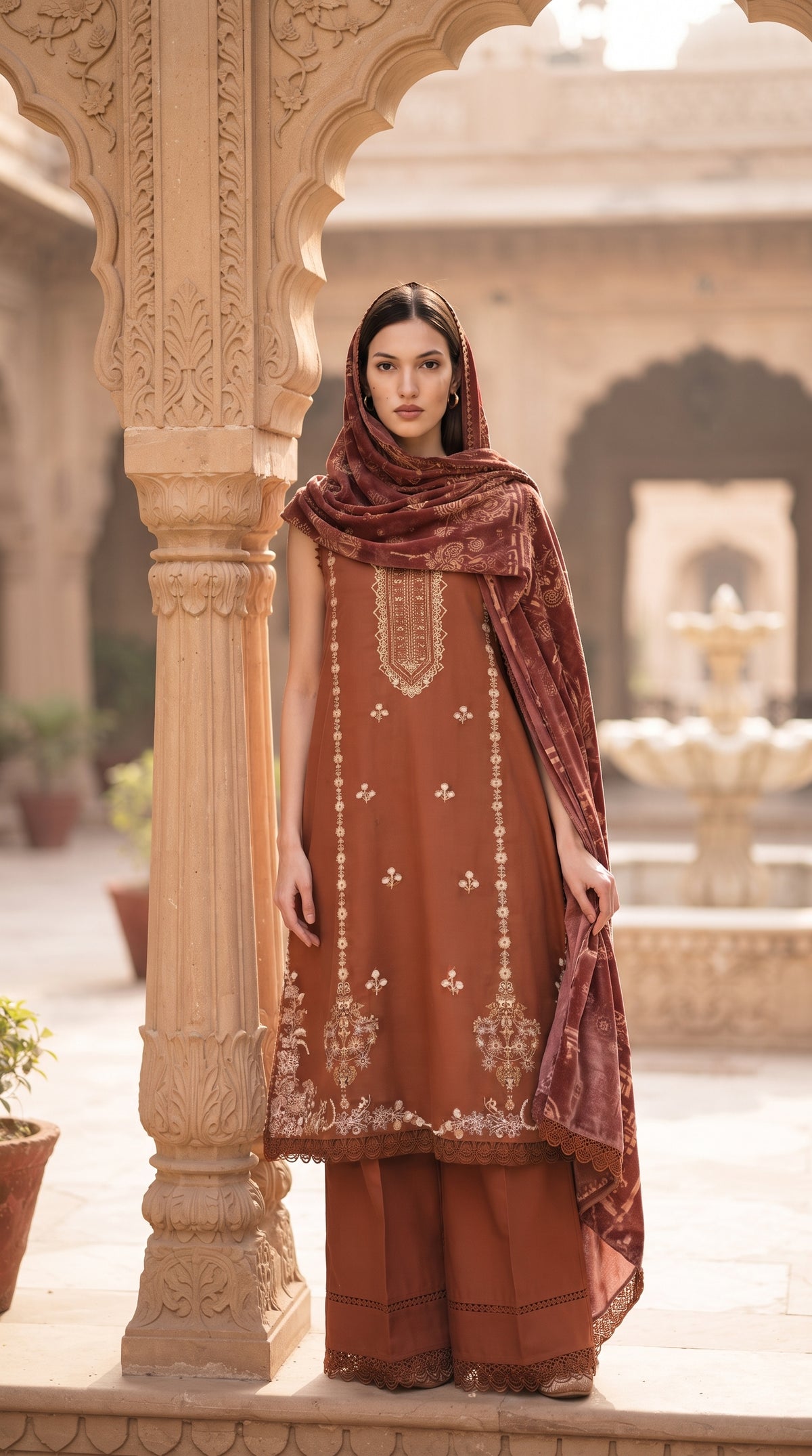 3PC Embroidered Dhanak Suit | DC - 06