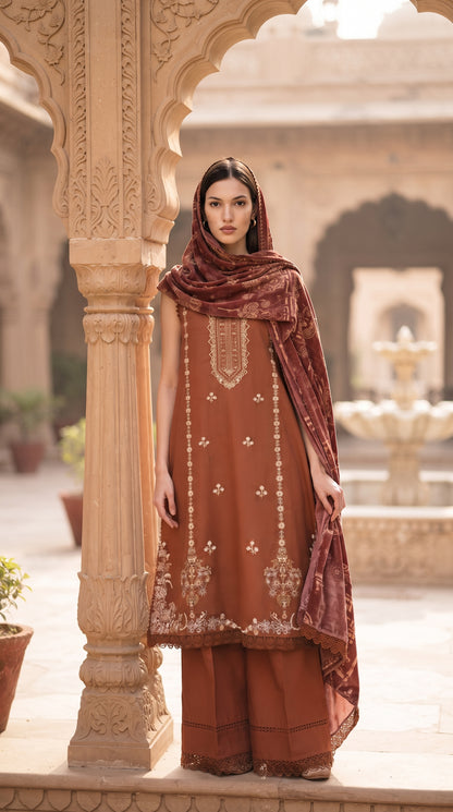 3PC Embroidered Dhanak Suit | DC - 06