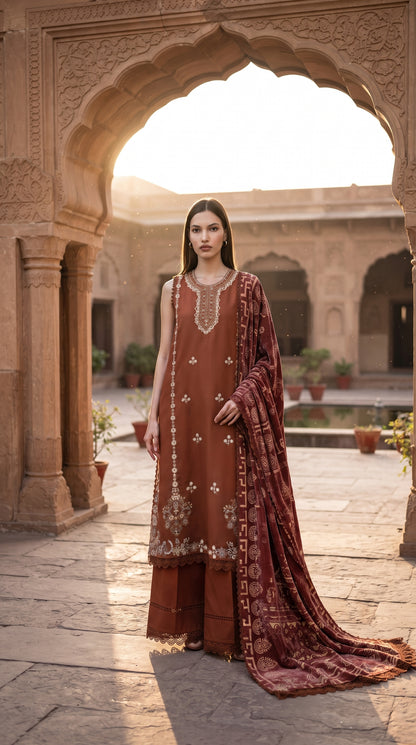 3PC Embroidered Dhanak Suit | DC - 06