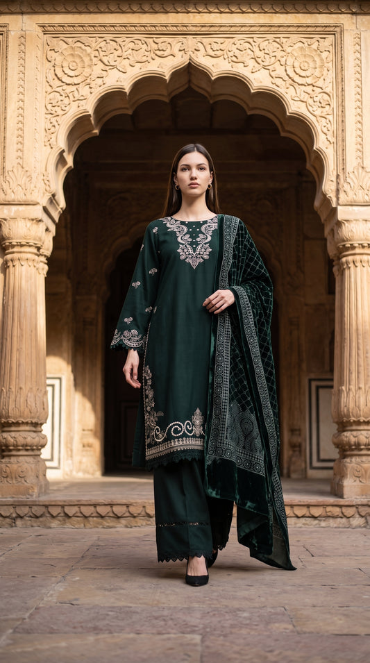 3PC Embroidered Dhanak Suit | DC - 02