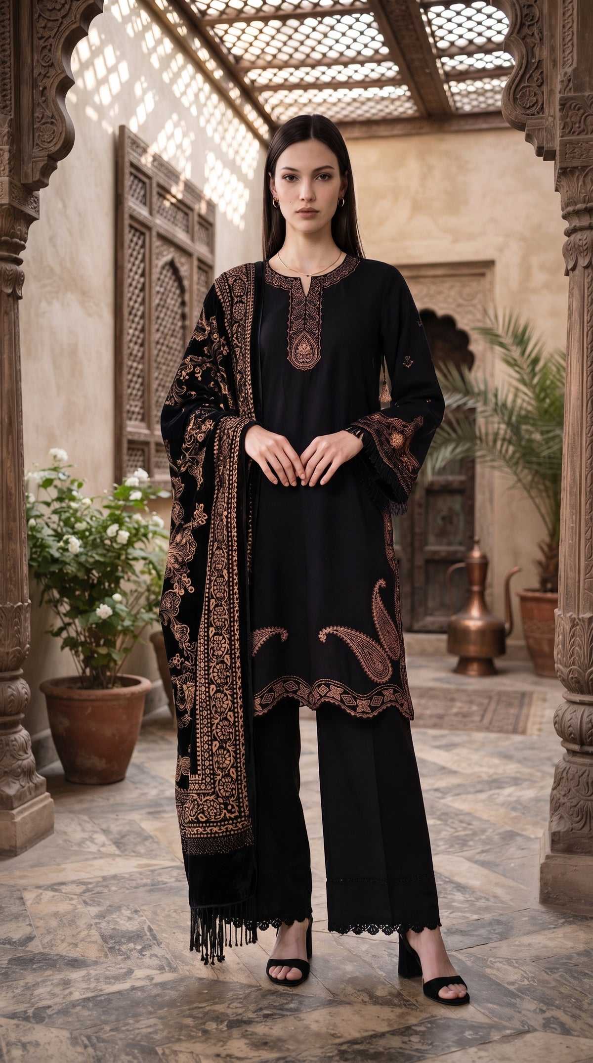 3PC Embroidered Dhanak Suit | DC - 03