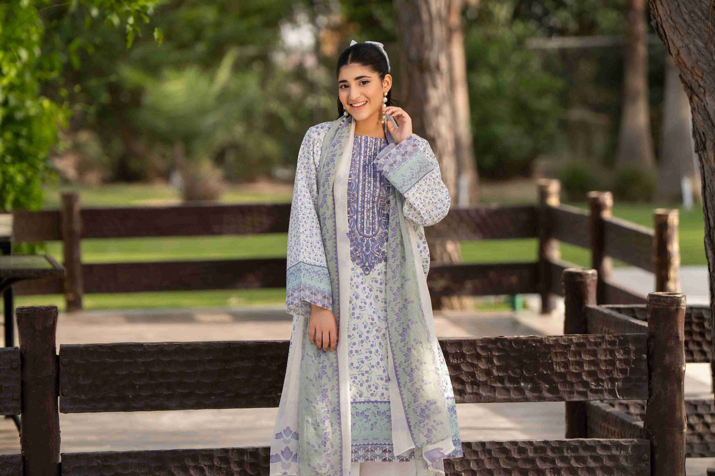 Embroidered neckline kurta with unique summer colors, styled with chiffon dupatta and cotton trouser