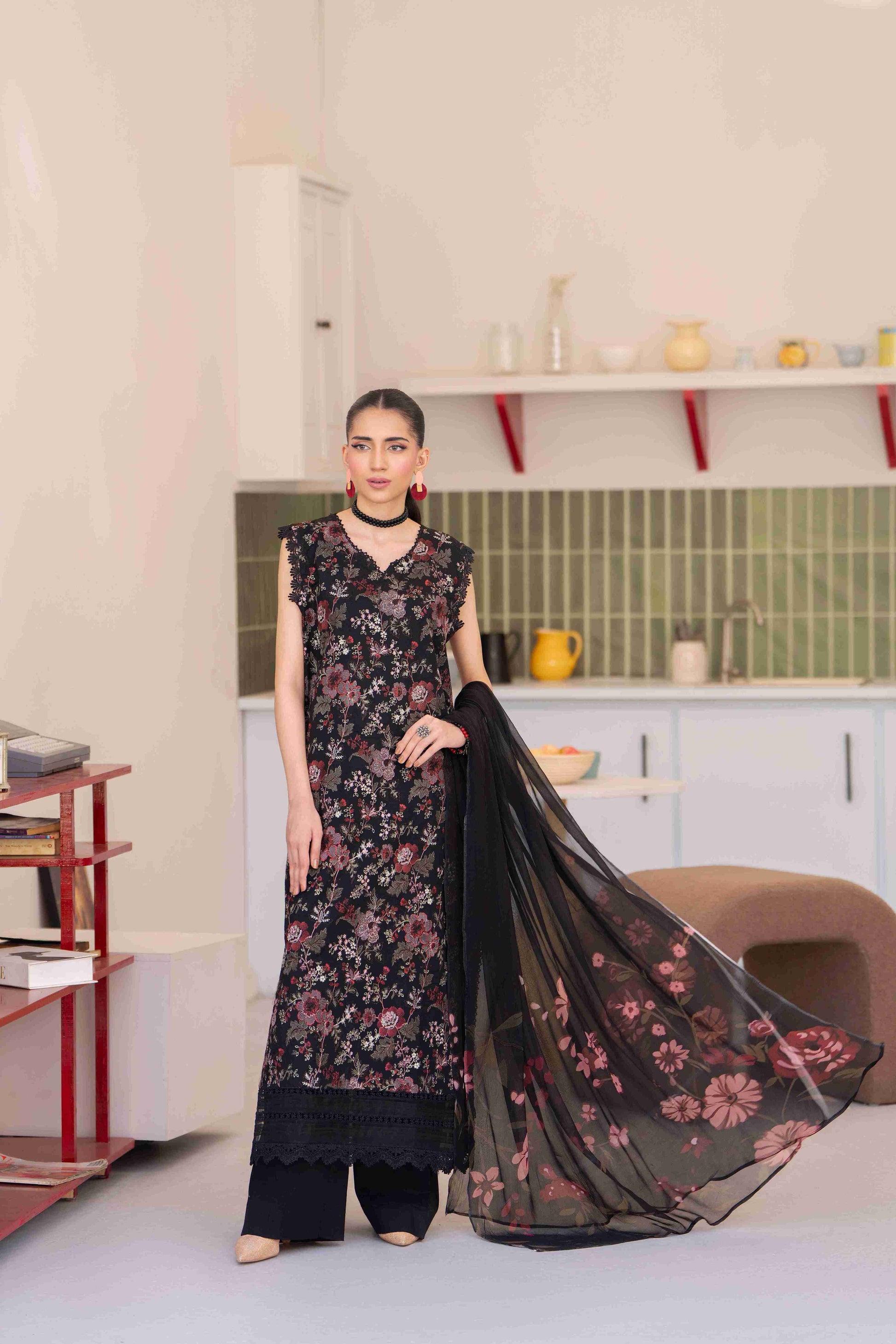  Stylish lawn shirt embroidered with unique kurta design and chiffon dupatta with cotton trouser