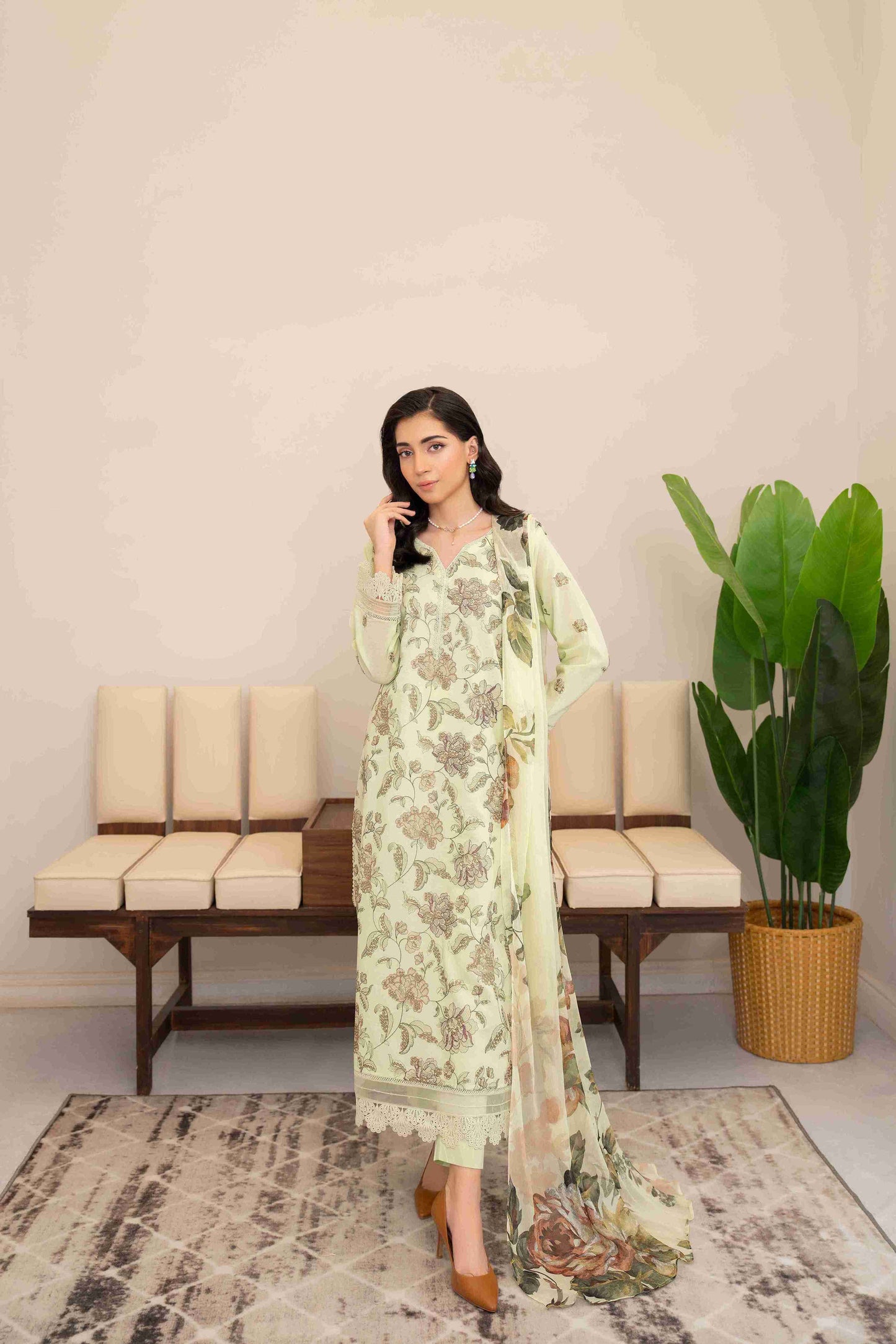 Premium embroidered lawn suit crafted with soft chiffon dupatta and plain cotton trouser