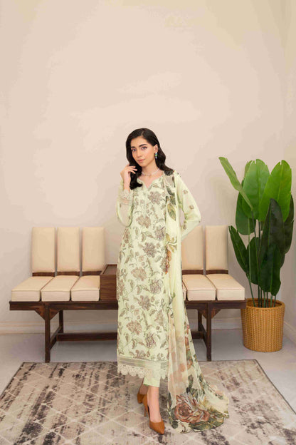 Premium embroidered lawn suit crafted with soft chiffon dupatta and plain cotton trouser