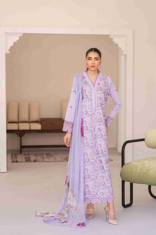 Premium embroidered lawn suit with chiffon dupatta and cotton trouser fabric for eastern wear