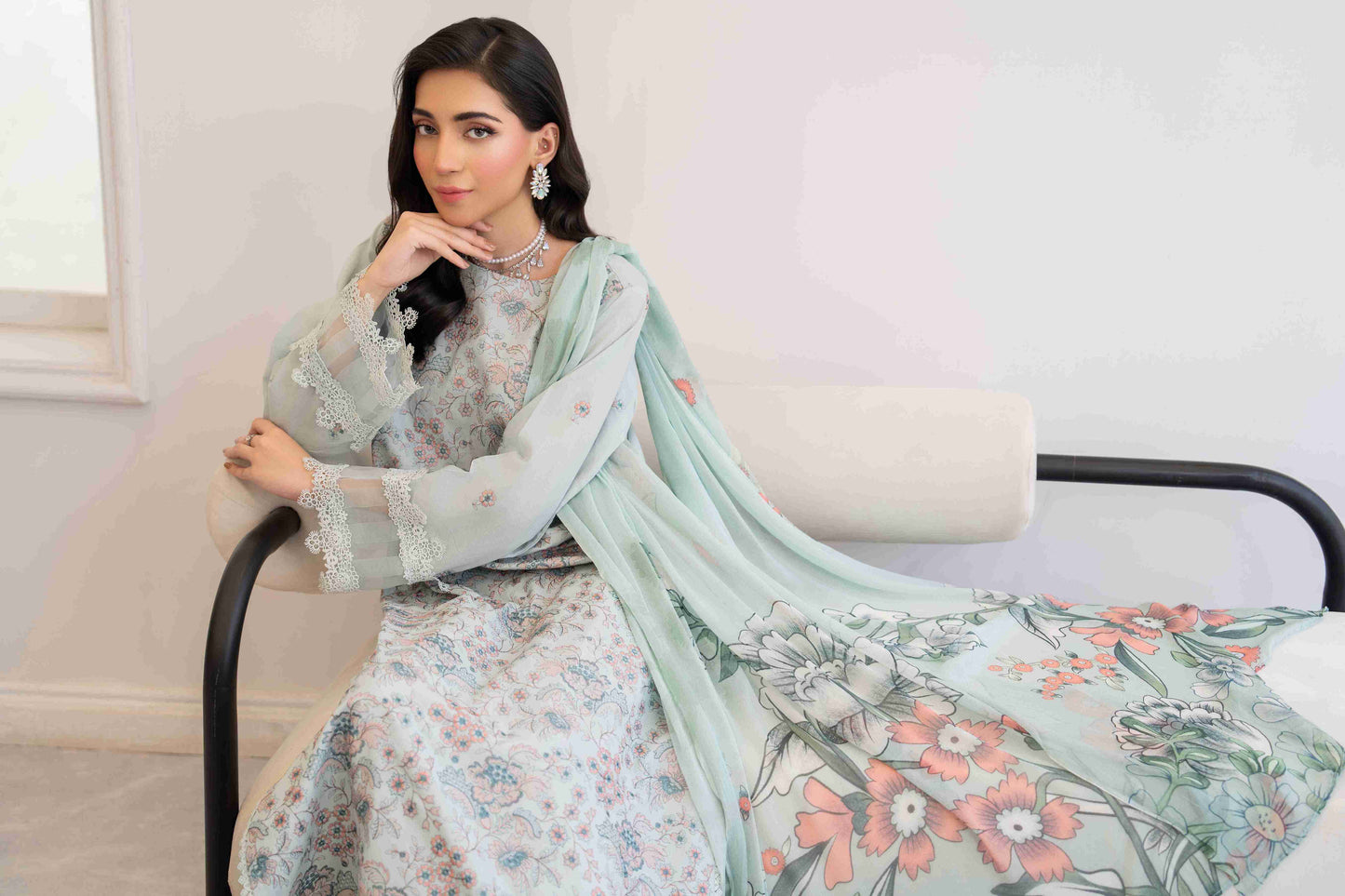 Unstitched three piece embroidered lawn suit with chiffon dupatta and cotton trouser fabric