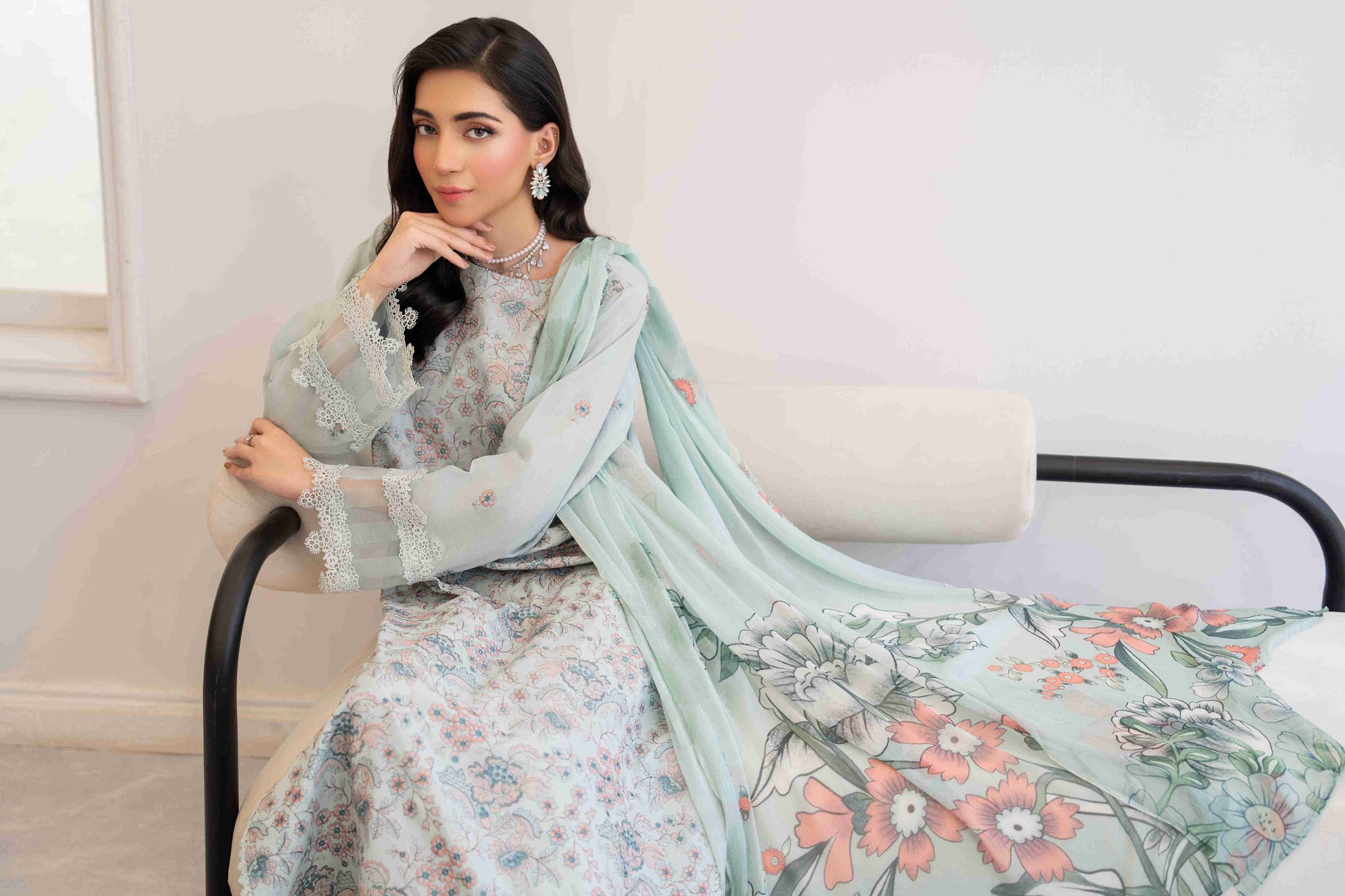 Unstitched three piece embroidered lawn suit with chiffon dupatta and cotton trouser fabric