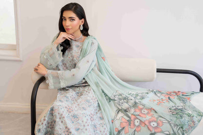 Unstitched three piece embroidered lawn suit with chiffon dupatta and cotton trouser fabric