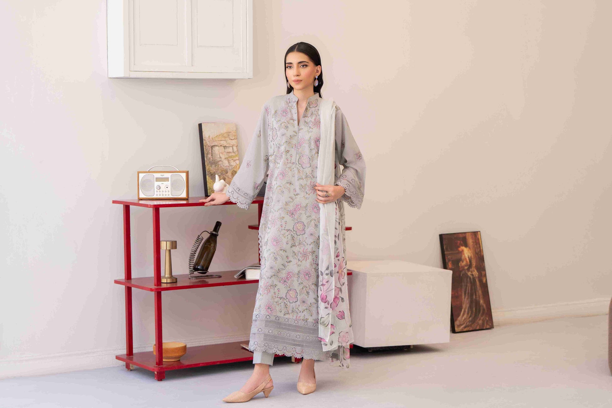 Premium embroidered lawn suit three meters with chiffon dupatta and cotton trouser fabric