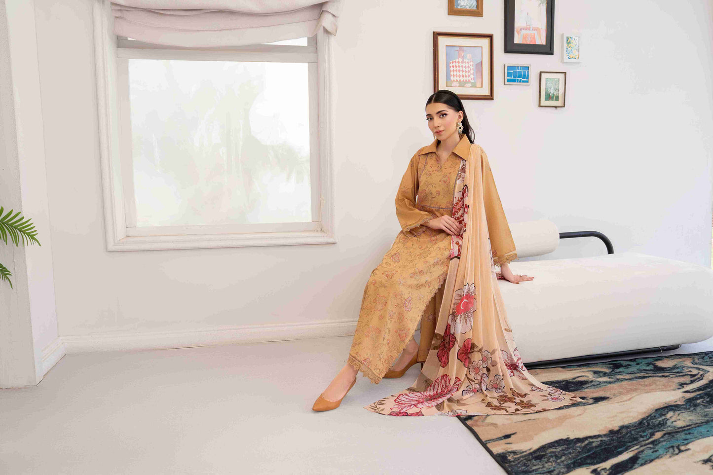 Unstitched embroidered lawn suit three meters with chiffon dupatta and plain cotton trouser