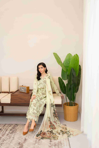 Premium embroidered lawn shirt three meters with chiffon dupatta and soft cotton trouser
