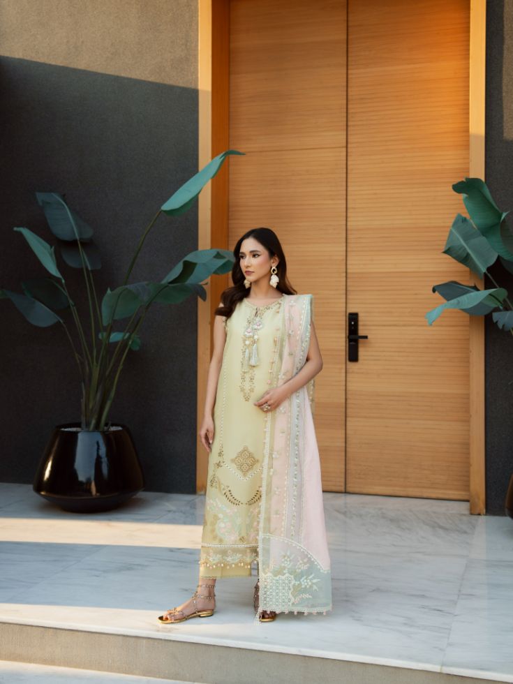Bright yellow stitched lawn outfit with embroidered shirt and embroidered cotton dupatta