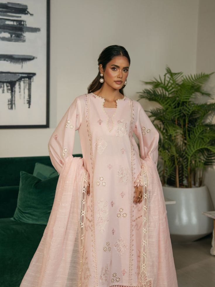 Bridal style cream color suit featuring an organza embroidered patch, motifs, and a cotton dupatta