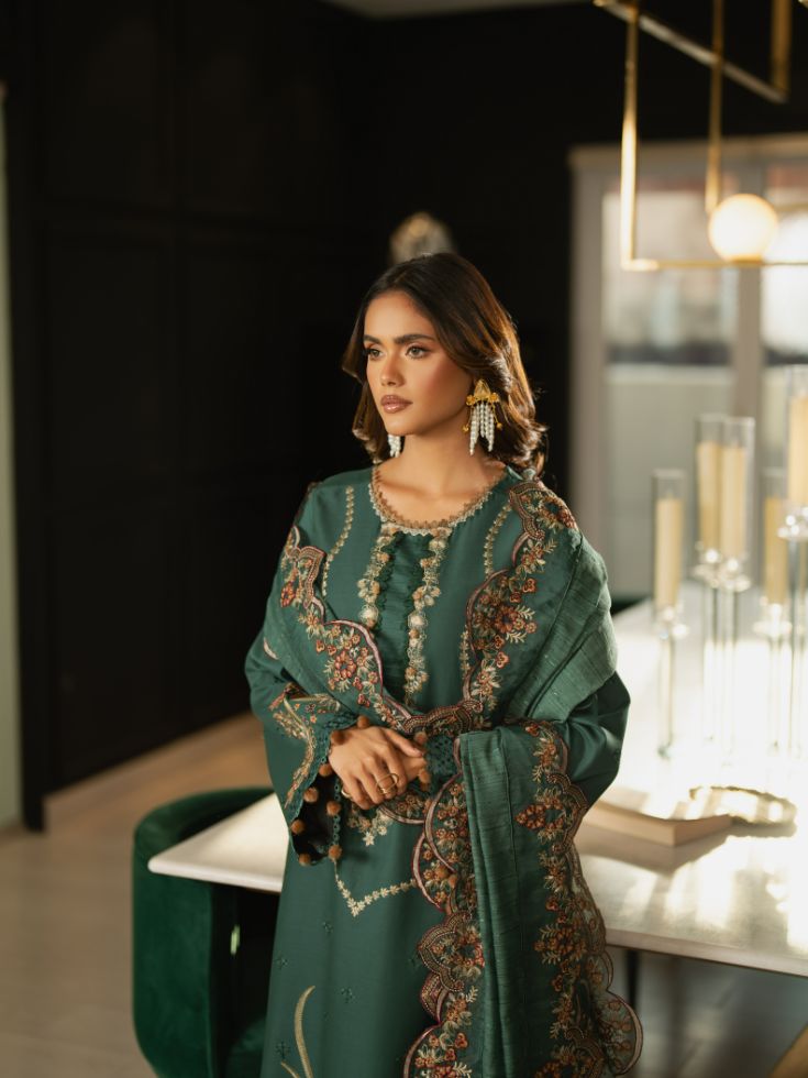 Wedding-style stitched green lawn suit with embroidery, cotton dupatta, and plain back

