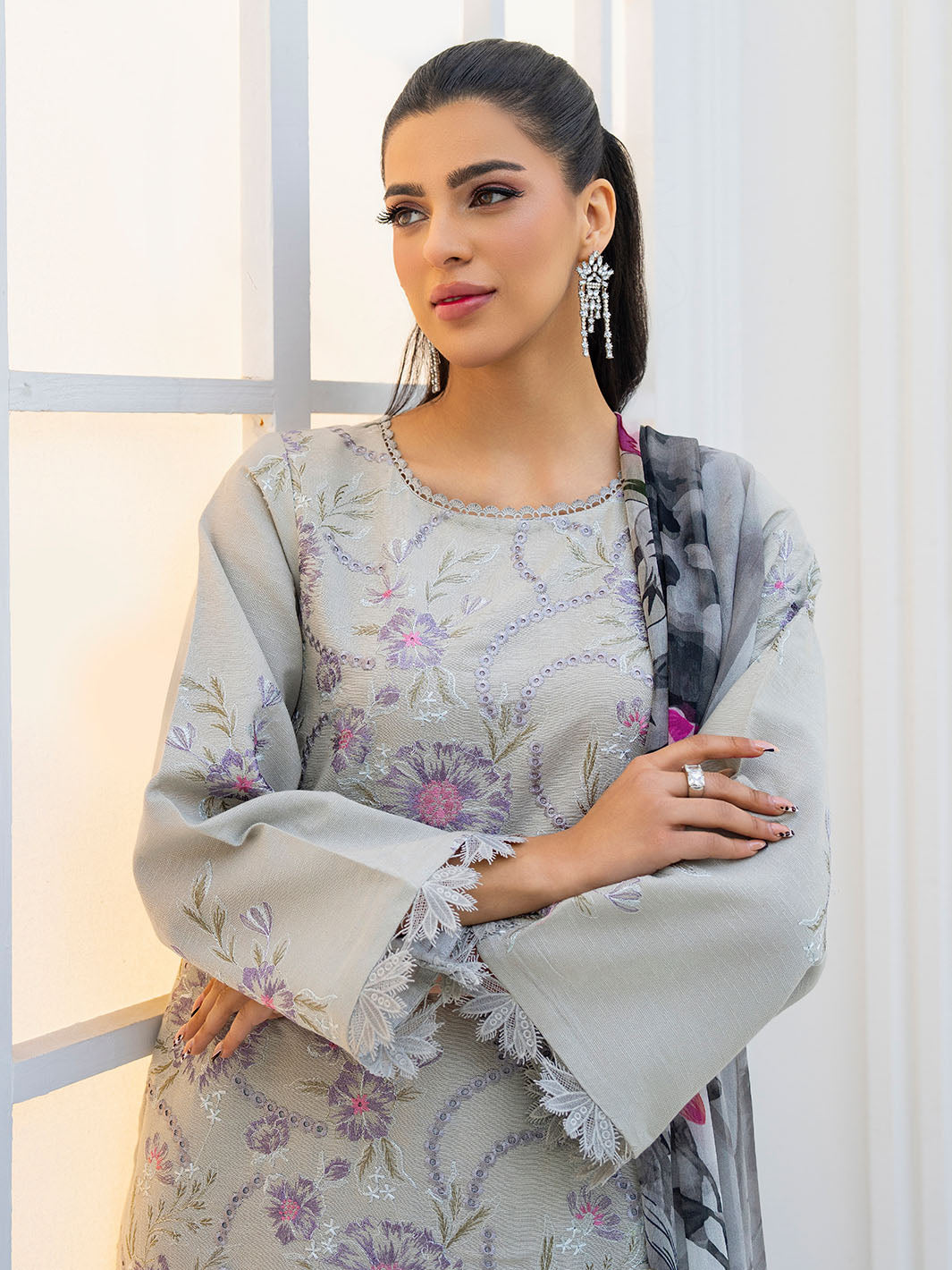 Casual embroidered lawn shirt with chiffon dupatta and karandi trouser unstitched