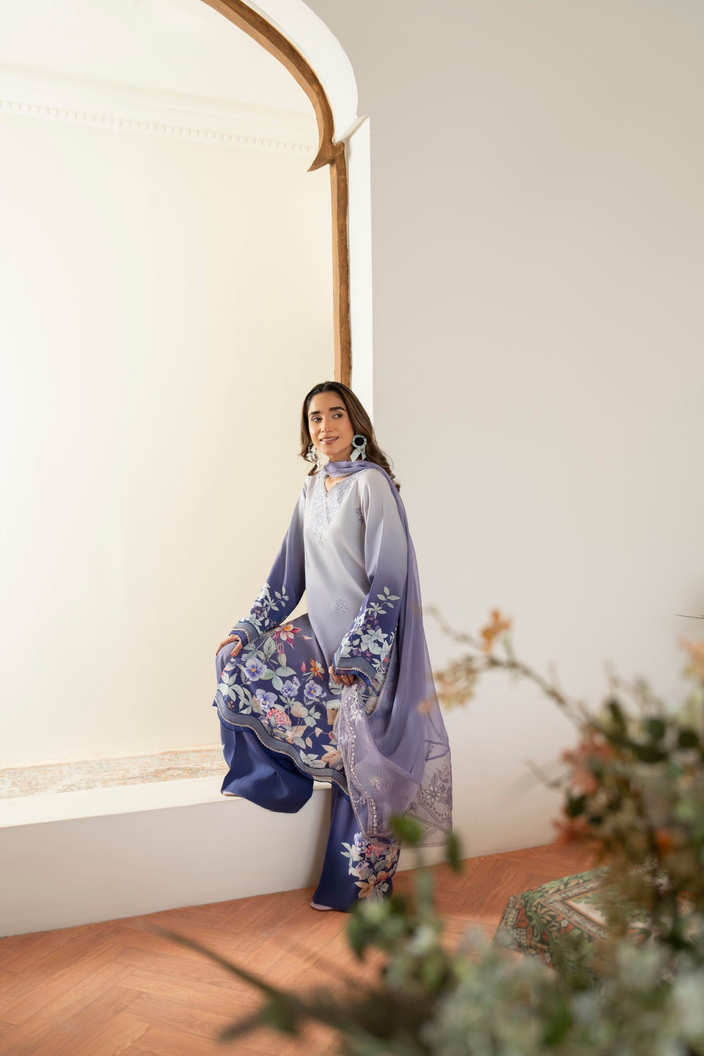 Printed viscose embroidered shirt with chiffon dupatta for casual winter wear
