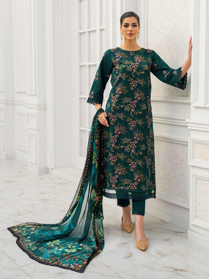 Casual embroidered shirt with chiffon dupatta and plain karandi trouser suit