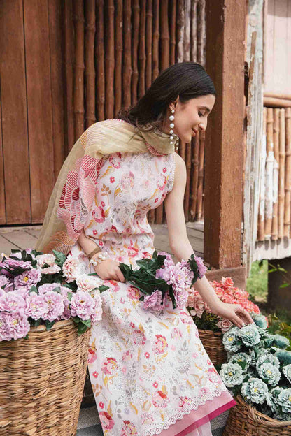 Embroidered lawn shirt with chiffon dupatta and cotton dyed trouser.