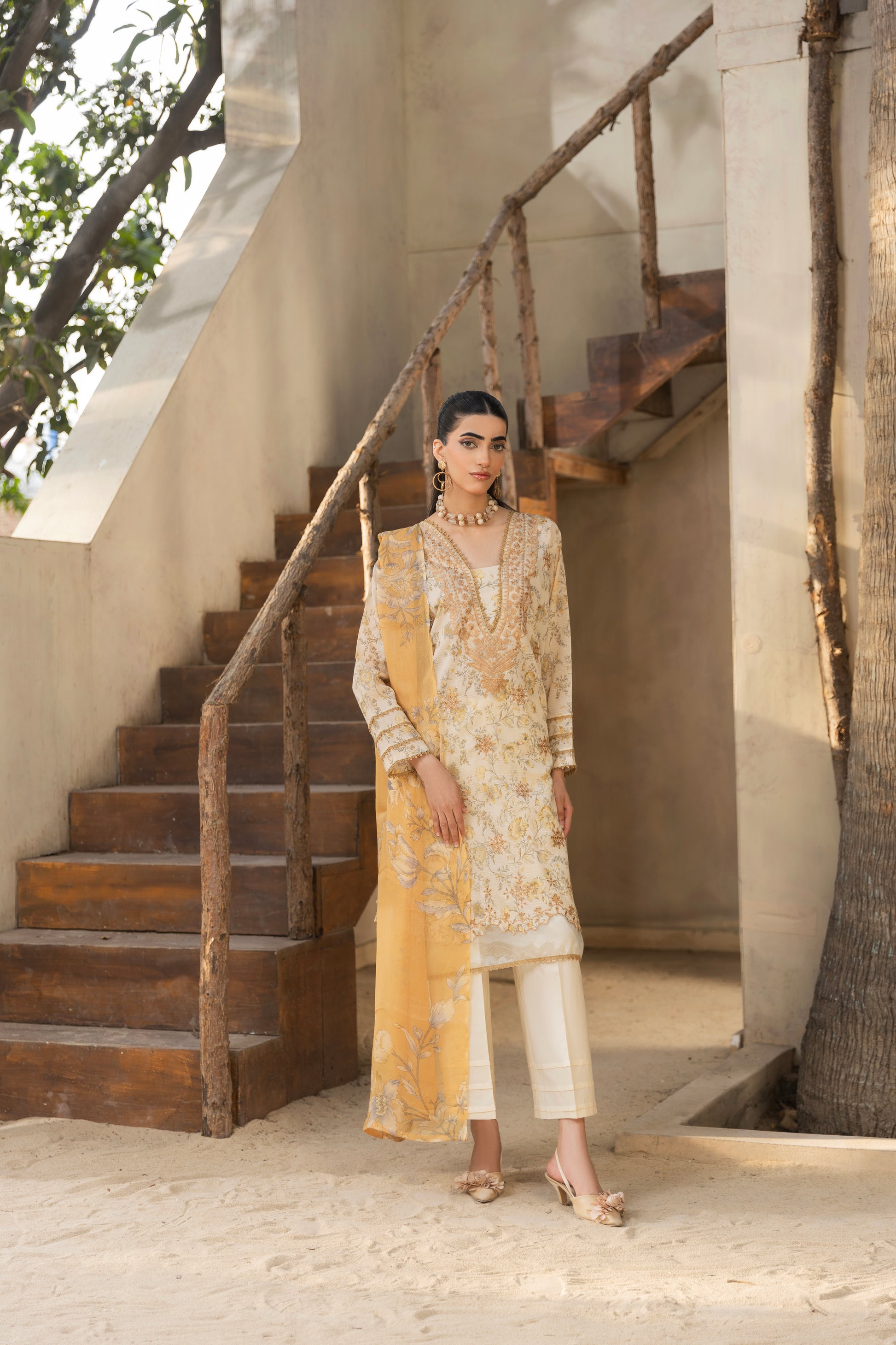 Lawn shirt with embroidery, chiffon dupatta, and cotton trouser for everyday wear
