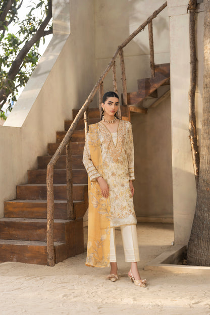 Lawn shirt with embroidery, chiffon dupatta, and cotton trouser for everyday wear