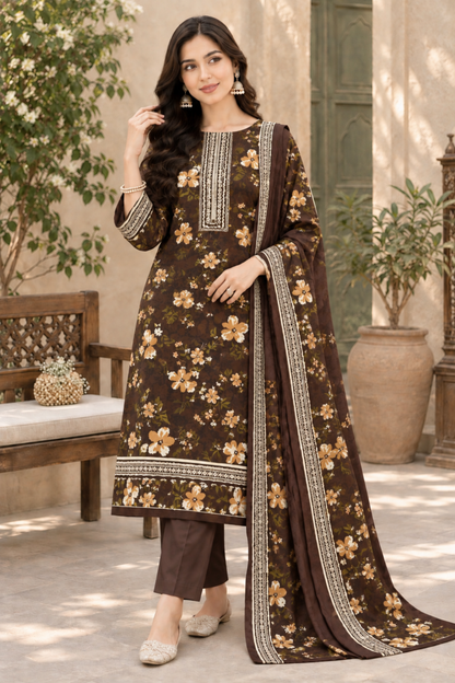 Casual printed linen wear featuring floral shirt artwork and a decorative dupatta edge