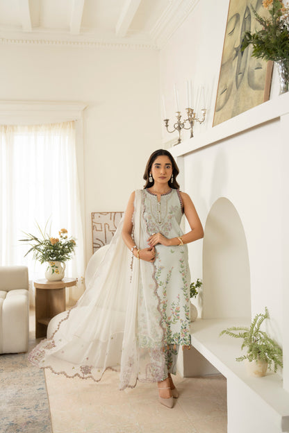 Comfortable embroidered viscose outfit with chiffon dupatta