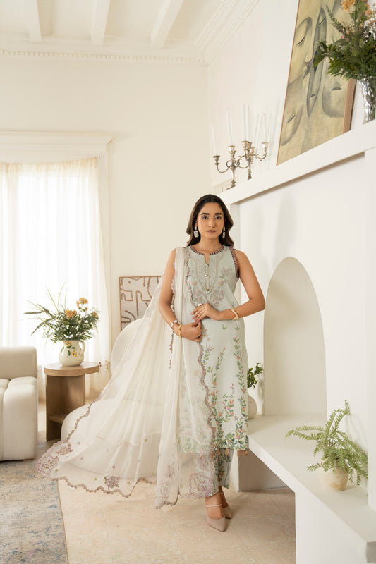 Comfortable embroidered viscose outfit with chiffon dupatta