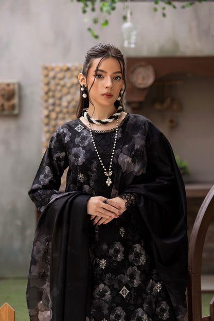Casual wear 3PC unstitched black lawn suit with floral dupatta