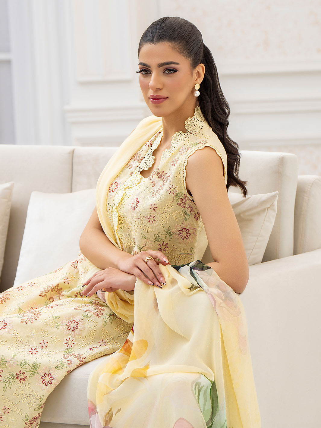 Casual embroidered lawn shirt with chiffon dupatta and karandi trouser women’s