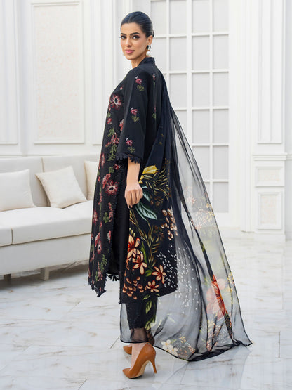 Casual embroidered lawn shirt with chiffon printed dupatta and karandi trouser