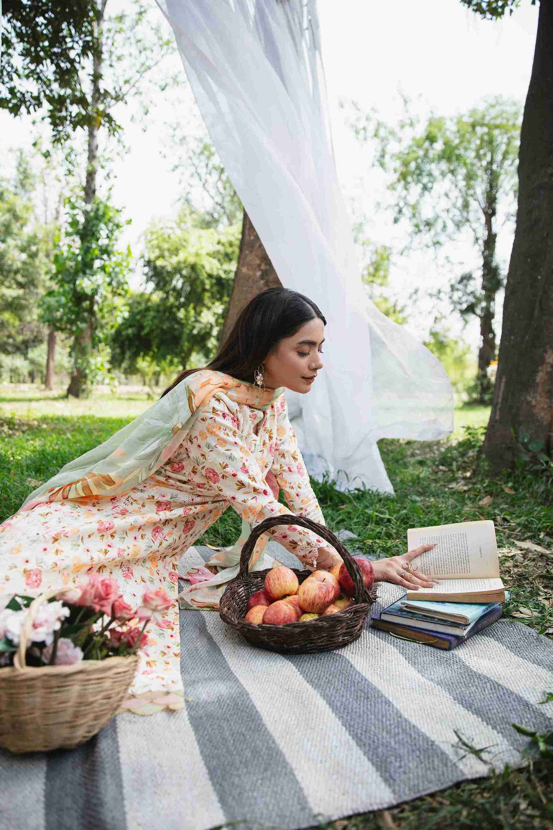  Embroidered lawn suit with printed chiffon dupatta and plain dyed trouser