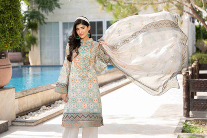 Stylish embroidered lawn shirt paired with chiffon dupatta and cotton trouser for a modern touch