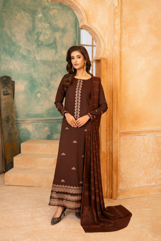 Classic Dhanak 3-PC Set; woolen winter wear, featuring a plain trouser and a beautifully embroidered shirt for balance