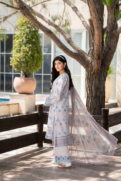 Premium lawn embroidered kurta paired with chiffon dupatta and cotton trouser for eastern charm