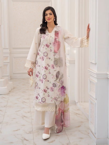 Classic embroidered lawn suit with chiffon printed dupatta and soft karandi trouser