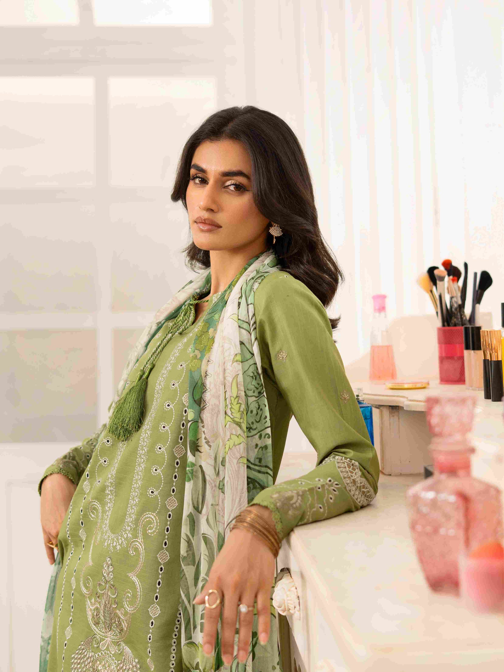 Classic embroidered lawn shirt paired with cotton trouser and chiffon dupatta