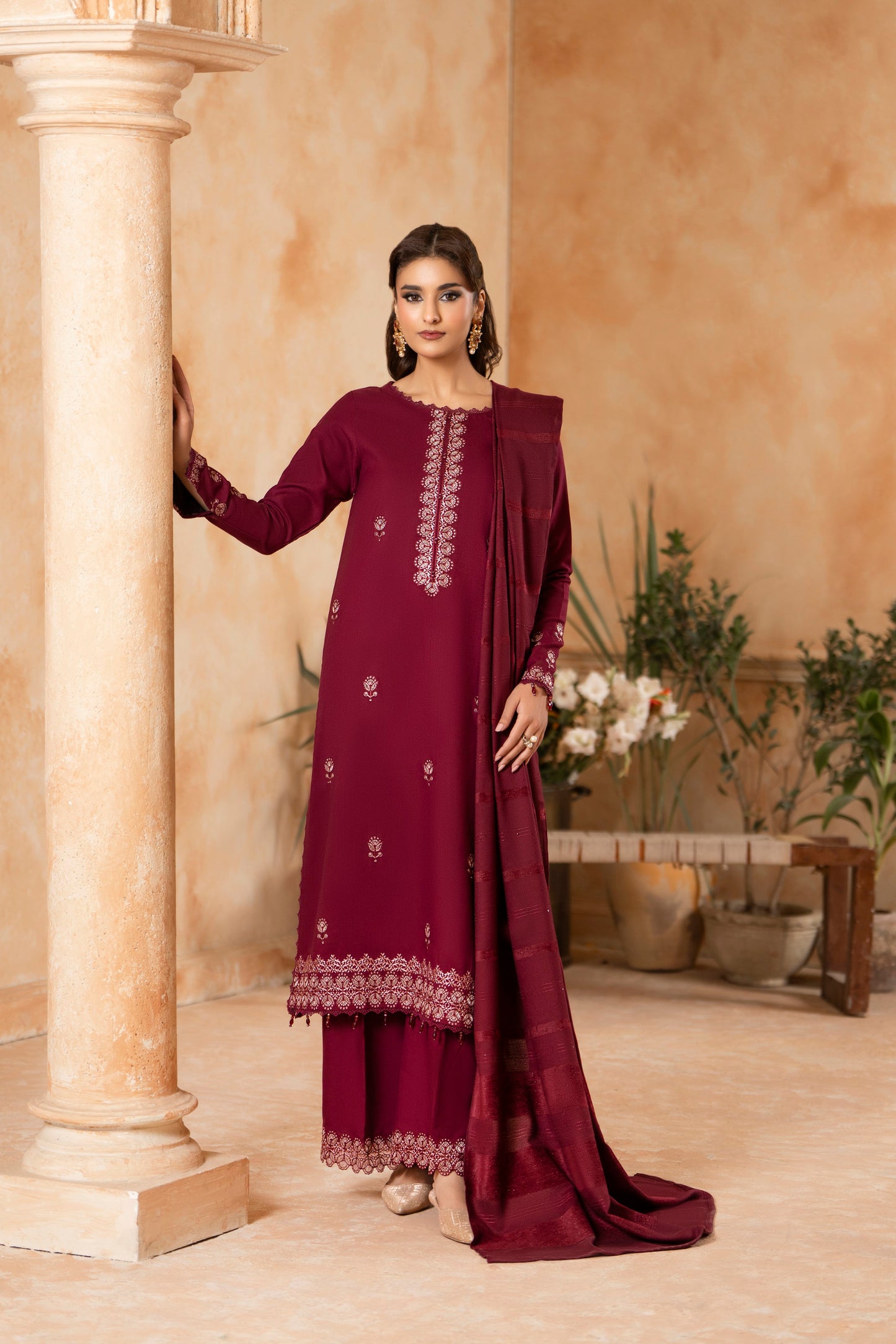 Classic Winter Embroidery Dhanak Suit; 3-PC woolen dress, enhancing its timeless appeal with detailed stitching