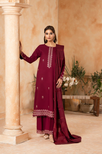 Classic Winter Embroidery Dhanak Suit; 3-PC woolen dress, enhancing its timeless appeal with detailed stitching